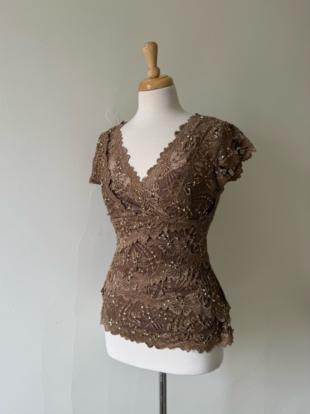 Le Château Y2K Lace Beaded Top Brown Romantic Boho